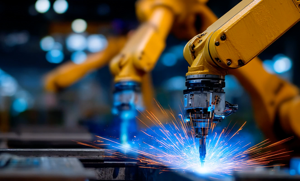 Two robotic arms creating sparks while welding